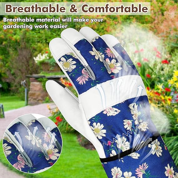 Women’s Gardening Gloves – Floral Blue Design, Anti-Slip Palm, Touchscreen Fingertips, Thorn-Resistant Work Gloves