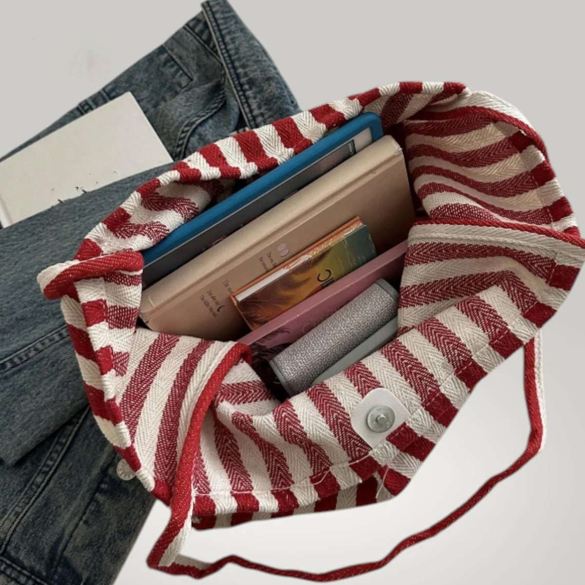 Red White Retro Stripe Canvas Casual Shoulder Tote Bag