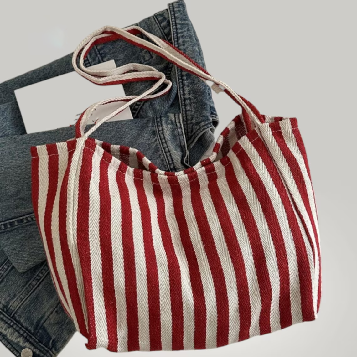 Red White Retro Stripe Canvas Casual Shoulder Tote Bag