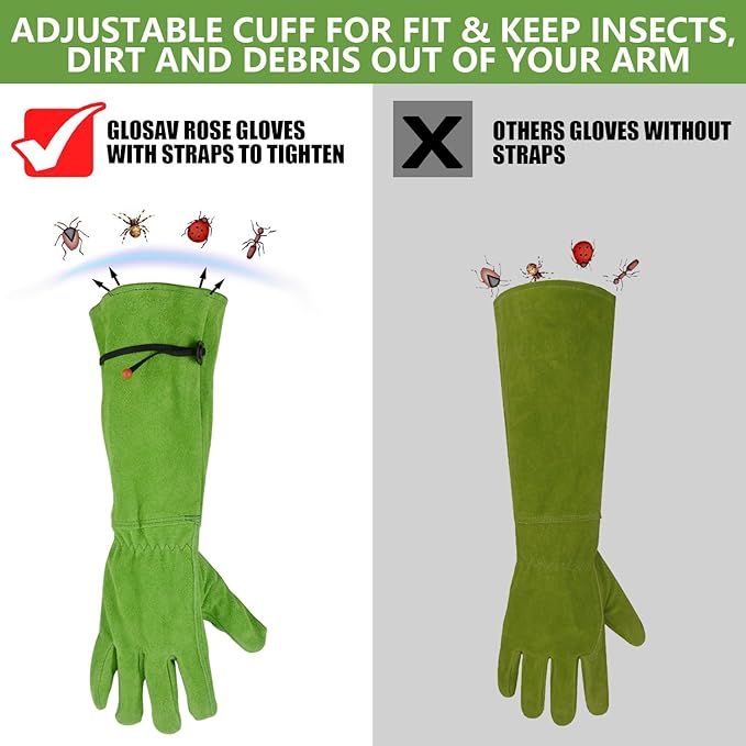 Extended Thorn-Proof Green Gardening Gloves – Long Leather Rose Pruning Gloves with Arm Protection, Unisex One Size
