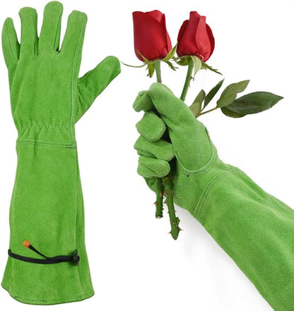Extended Thorn-Proof Green Gardening Gloves – Long Leather Rose Pruning Gloves with Arm Protection, Unisex One Size