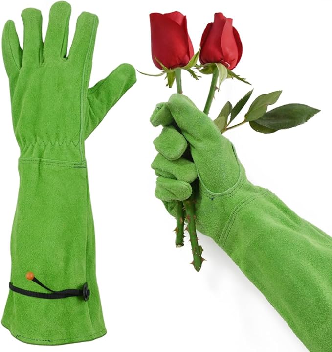 Extended Thorn-Proof Green Gardening Gloves – Long Leather Rose Pruning Gloves with Arm Protection, Unisex One Size