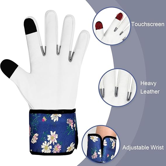 Women’s Gardening Gloves – Floral Blue Design, Anti-Slip Palm, Touchscreen Fingertips, Thorn-Resistant Work Gloves