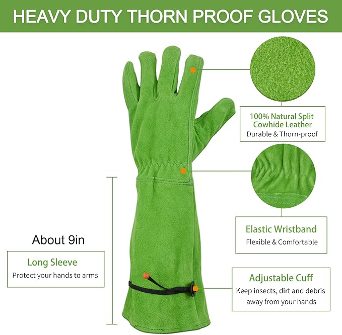 Extended Thorn-Proof Green Gardening Gloves – Long Leather Rose Pruning Gloves with Arm Protection, Unisex One Size