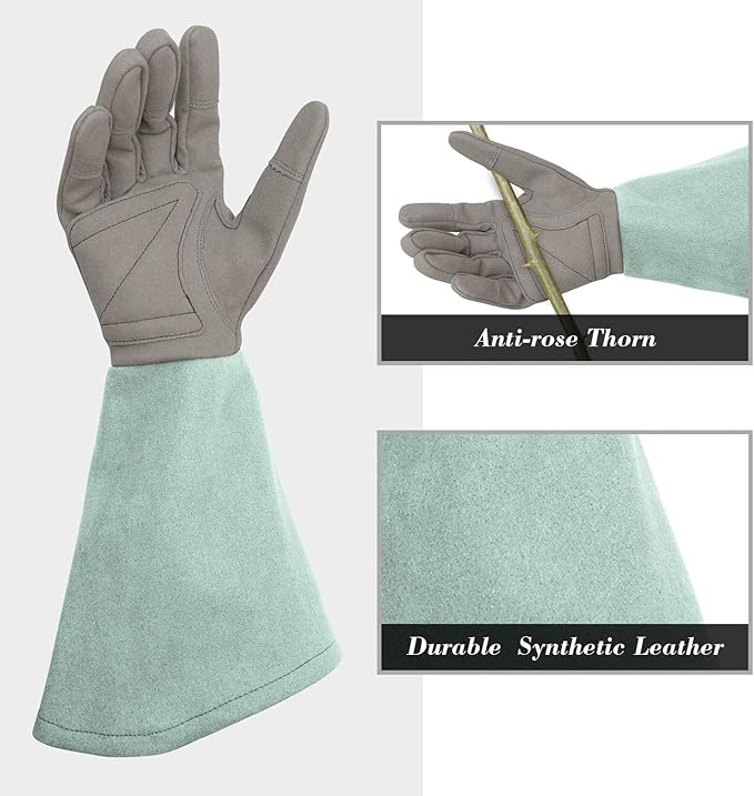 Long Garden Gloves for Thorn Protection – Anti-Rose Thorn Synthetic Leather Gloves with Reinforced Palm and Extended Forearm Guard