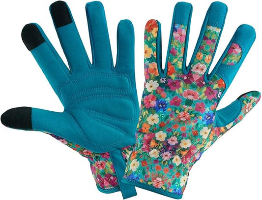 Floral Gardening Gloves for Women – Touchscreen Fingertips, Internal Palm Padding, Breathable Fabric with Elastic Cuff (One Size Fits Most)
