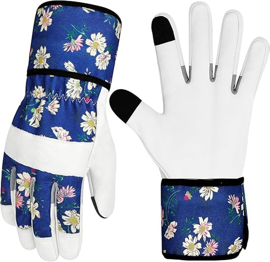 Women’s Gardening Gloves – Floral Blue Design, Anti-Slip Palm, Touchscreen Fingertips, Thorn-Resistant Work Gloves