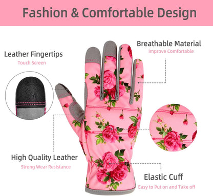 Women’s Rose Floral Gardening Gloves – Touchscreen Fingertips, Breathable Fabric, Non-Slip Palm, One Size Fits Most (Pink Print)