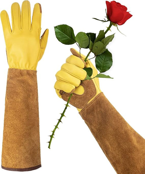 Long Leather Gardening Gloves – Thornproof, Wear-Resistant with Forearm Protection, Non-Slip Padded Palm (Heavy-Duty for Rose & Cactus Work)
