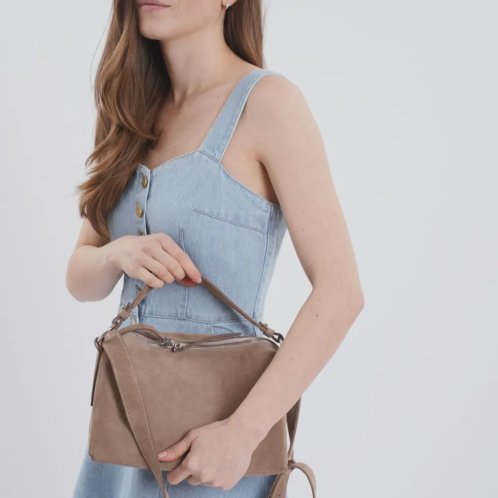 Taupe Suede Soft Slouchy Adjustable Crossbody Shoulder Handbag