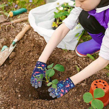 Kids Gardening Gloves – Space Dinosaur Pattern, Touchscreen Leather Fingertips, Breathable & Anti-Slip Design (Ages 4–10)