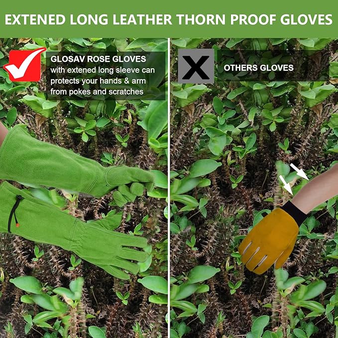 Extended Thorn-Proof Green Gardening Gloves – Long Leather Rose Pruning Gloves with Arm Protection, Unisex One Size