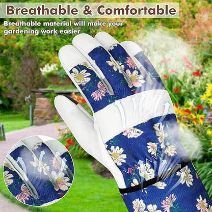 Women’s Gardening Gloves – Floral Blue Design, Anti-Slip Palm, Touchscreen Fingertips, Thorn-Resistant Work Gloves