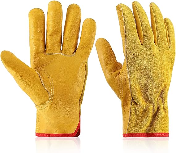 Heavy Duty Cowhide Leather Gardening Gloves – One Size Fits Most, Double-Thread Stitched, Flexible & Lined Work Gloves for Men and Women