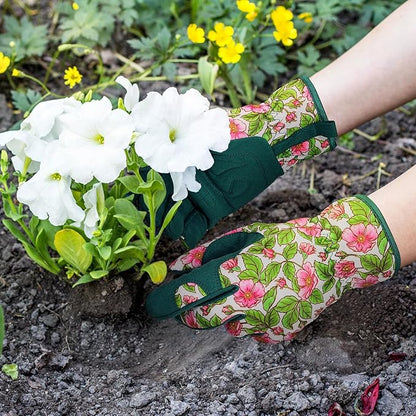 Women's Floral Gardening Gloves – Dual-Layer Padded Palm, Non-Slip Synthetic Leather, 5mm Foam, One Size Fits Most
