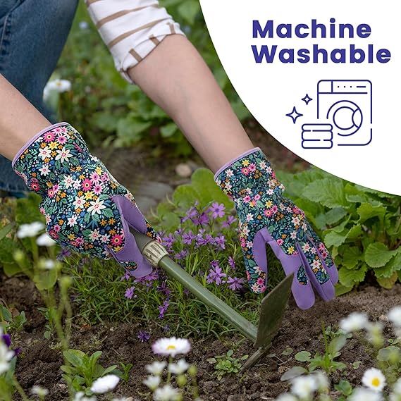 Women's Floral Gardening Gloves – Touchscreen Fingertips, Breathable Design, Non-Slip Leather Palm, One Size Fits Most