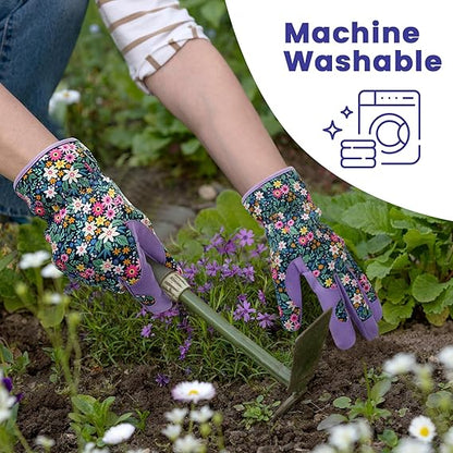 Women's Floral Gardening Gloves – Touchscreen Fingertips, Breathable Design, Non-Slip Leather Palm, One Size Fits Most