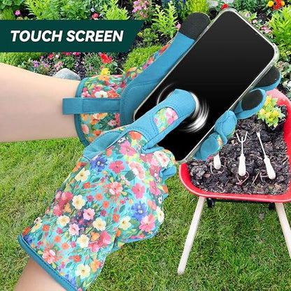 Floral Gardening Gloves for Women – Touchscreen Fingertips, Internal Palm Padding, Breathable Fabric with Elastic Cuff (One Size Fits Most)