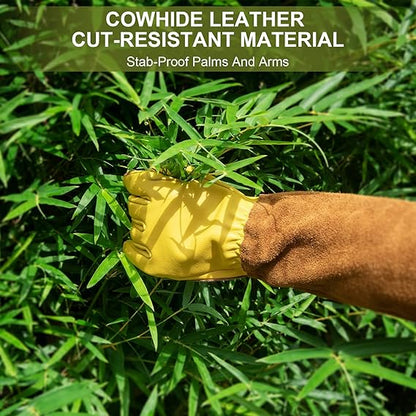Long Leather Gardening Gloves – Thornproof, Wear-Resistant with Forearm Protection, Non-Slip Padded Palm (Heavy-Duty for Rose & Cactus Work)