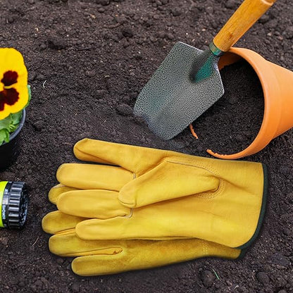 Heavy Duty Cowhide Leather Gardening Gloves – One Size Fits Most, Double-Thread Stitched, Flexible & Lined Work Gloves for Men and Women