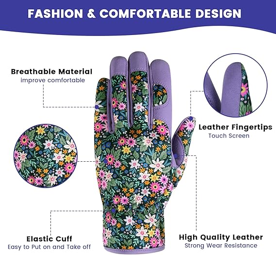 Women's Floral Gardening Gloves – Touchscreen Fingertips, Breathable Design, Non-Slip Leather Palm, One Size Fits Most