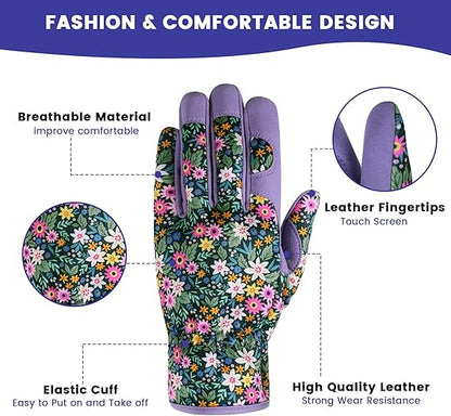 Women's Floral Gardening Gloves – Touchscreen Fingertips, Breathable Design, Non-Slip Leather Palm, One Size Fits Most
