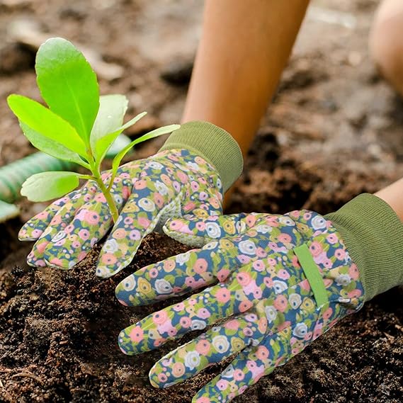 Ladies’ Floral Gardening Gloves – Breathable & Non-Slip Cotton Work Gloves with Elastic Cuffs, One Size Fits Most