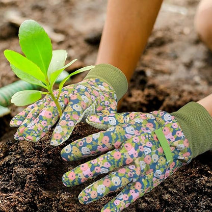 Ladies’ Floral Gardening Gloves – Breathable & Non-Slip Cotton Work Gloves with Elastic Cuffs, One Size Fits Most