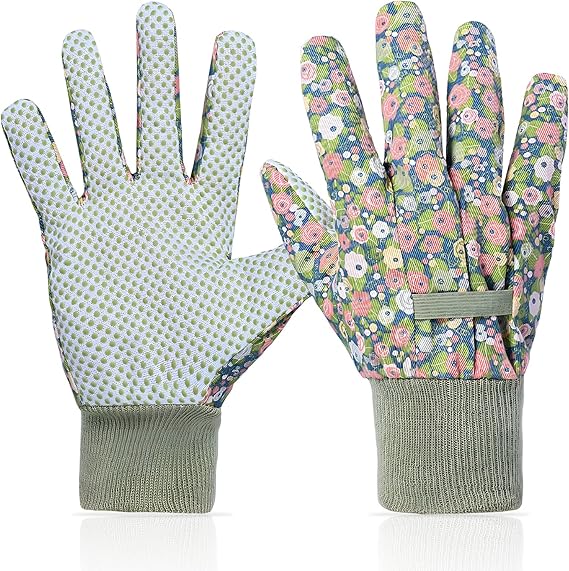 Ladies’ Floral Gardening Gloves – Breathable & Non-Slip Cotton Work Gloves with Elastic Cuffs, One Size Fits Most