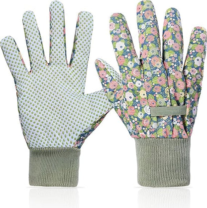 Ladies’ Floral Gardening Gloves – Breathable & Non-Slip Cotton Work Gloves with Elastic Cuffs, One Size Fits Most