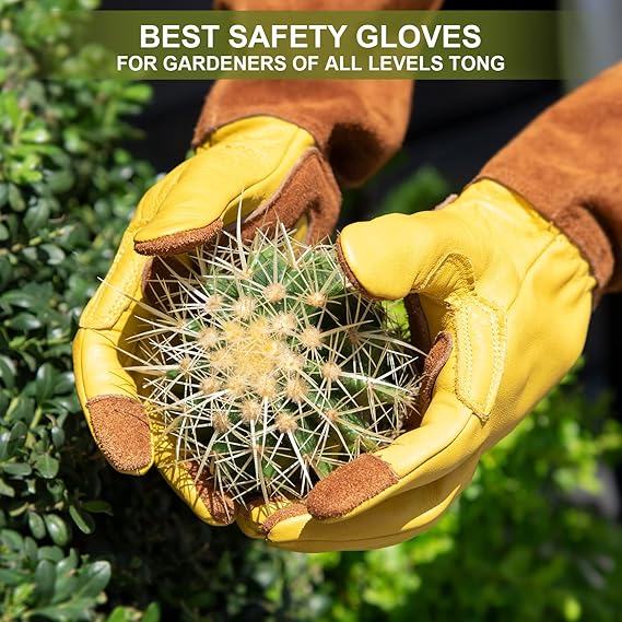 Long Leather Gardening Gloves – Thornproof, Wear-Resistant with Forearm Protection, Non-Slip Padded Palm (Heavy-Duty for Rose & Cactus Work)