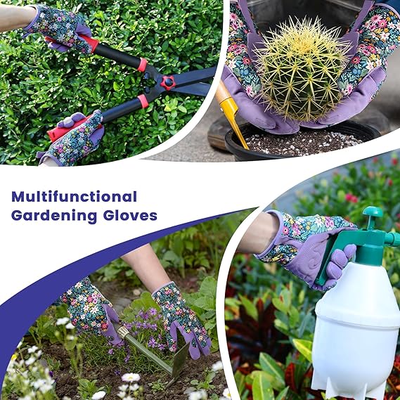 Women's Floral Gardening Gloves – Touchscreen Fingertips, Breathable Design, Non-Slip Leather Palm, One Size Fits Most