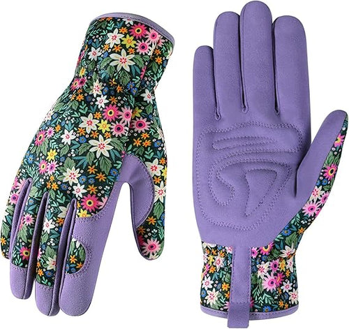 Women's Floral Gardening Gloves – Touchscreen Fingertips, Breathable Design, Non-Slip Leather Palm, One Size Fits Most