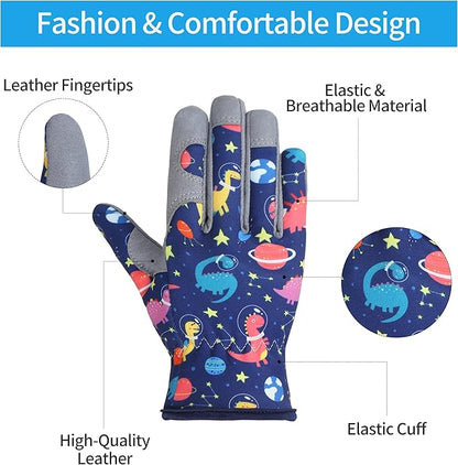 Kids Gardening Gloves – Space Dinosaur Pattern, Touchscreen Leather Fingertips, Breathable & Anti-Slip Design (Ages 4–10)