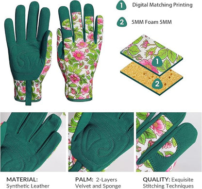 Women's Floral Gardening Gloves – Dual-Layer Padded Palm, Non-Slip Synthetic Leather, 5mm Foam, One Size Fits Most