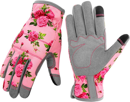 Women’s Rose Floral Gardening Gloves – Touchscreen Fingertips, Breathable Fabric, Non-Slip Palm, One Size Fits Most (Pink Print)