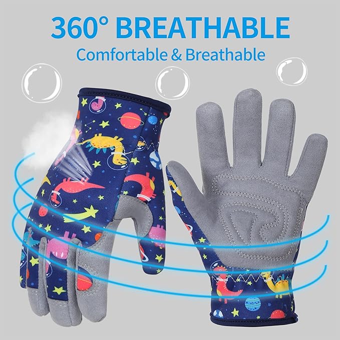 Kids Gardening Gloves – Space Dinosaur Pattern, Touchscreen Leather Fingertips, Breathable & Anti-Slip Design (Ages 4–10)