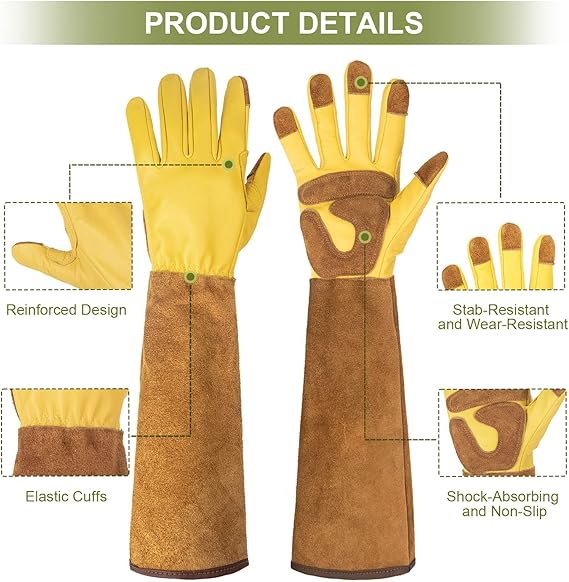 Long Leather Gardening Gloves – Thornproof, Wear-Resistant with Forearm Protection, Non-Slip Padded Palm (Heavy-Duty for Rose & Cactus Work)