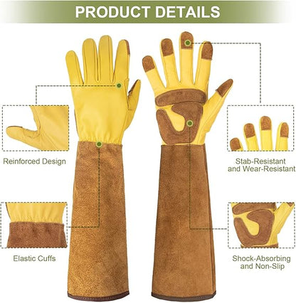 Long Leather Gardening Gloves – Thornproof, Wear-Resistant with Forearm Protection, Non-Slip Padded Palm (Heavy-Duty for Rose & Cactus Work)