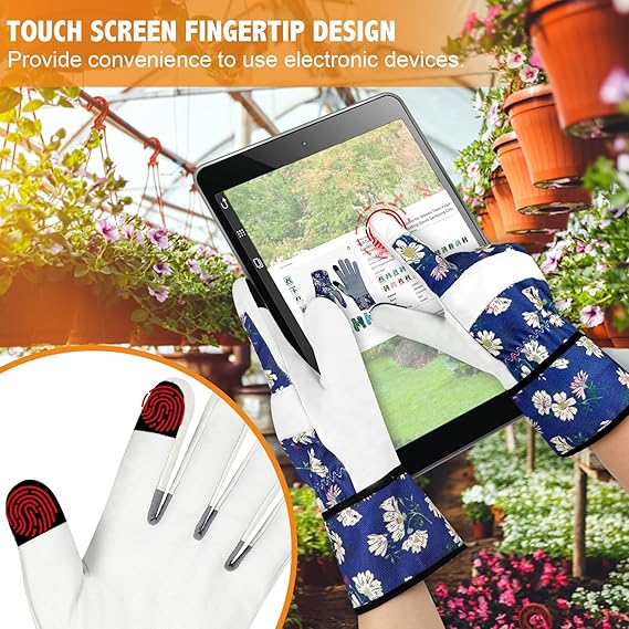 Women’s Gardening Gloves – Floral Blue Design, Anti-Slip Palm, Touchscreen Fingertips, Thorn-Resistant Work Gloves