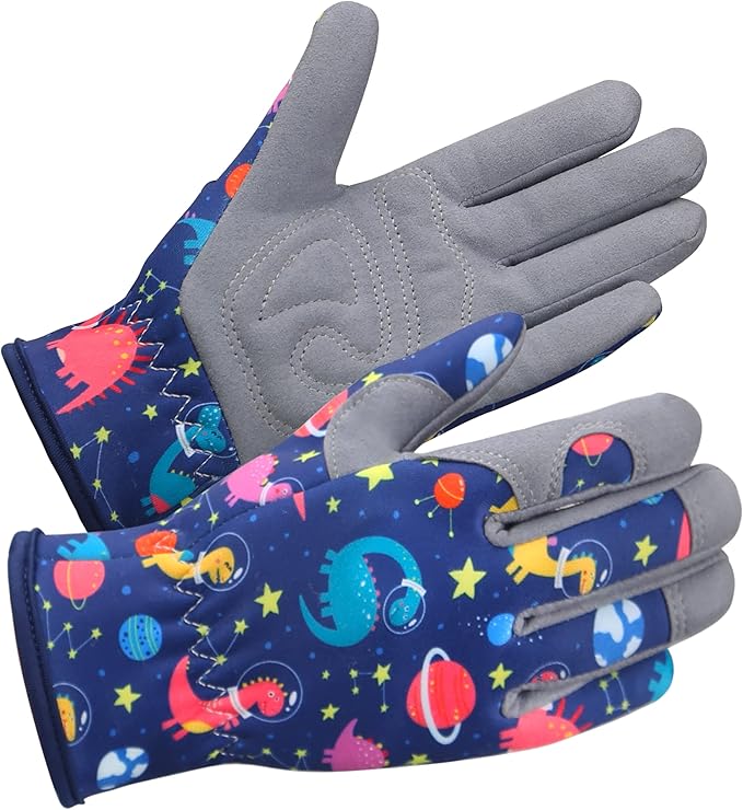 Kids Gardening Gloves – Space Dinosaur Pattern, Touchscreen Leather Fingertips, Breathable & Anti-Slip Design (Ages 4–10)