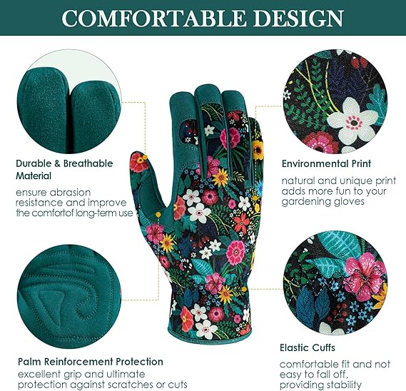 Women's Floral Gardening Gloves – Comfortable, Non-Slip, One Size Fits Most, Breathable & Durable for Yard Work