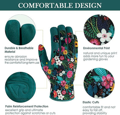Women's Floral Gardening Gloves – Comfortable, Non-Slip, One Size Fits Most, Breathable & Durable for Yard Work