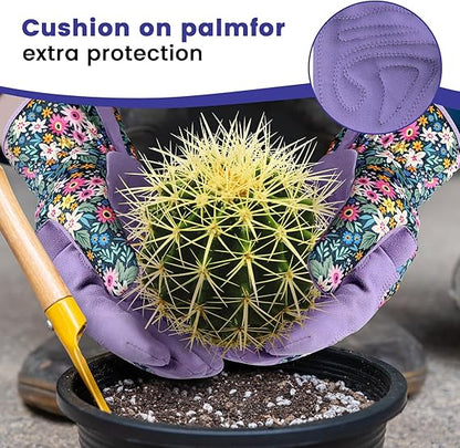Women's Floral Gardening Gloves – Touchscreen Fingertips, Breathable Design, Non-Slip Leather Palm, One Size Fits Most