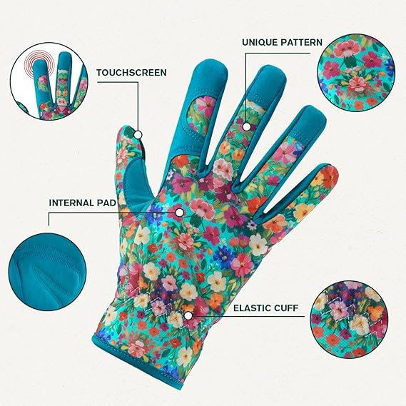 Floral Gardening Gloves for Women – Touchscreen Fingertips, Internal Palm Padding, Breathable Fabric with Elastic Cuff (One Size Fits Most)