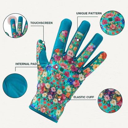 Floral Gardening Gloves for Women – Touchscreen Fingertips, Internal Palm Padding, Breathable Fabric with Elastic Cuff (One Size Fits Most)