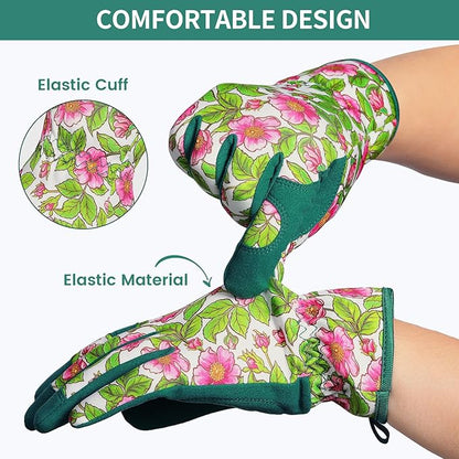 Women's Floral Gardening Gloves – Dual-Layer Padded Palm, Non-Slip Synthetic Leather, 5mm Foam, One Size Fits Most