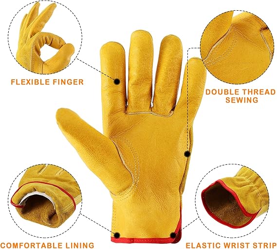 Heavy Duty Cowhide Leather Gardening Gloves – One Size Fits Most, Double-Thread Stitched, Flexible & Lined Work Gloves for Men and Women