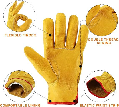 Heavy Duty Cowhide Leather Gardening Gloves – One Size Fits Most, Double-Thread Stitched, Flexible & Lined Work Gloves for Men and Women