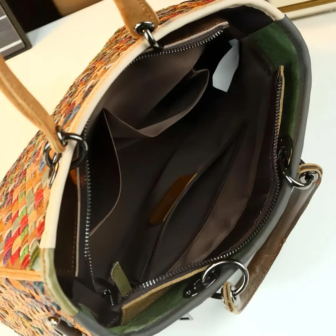 Multicolor Hand Woven Structured Square Leather Tote Handbag